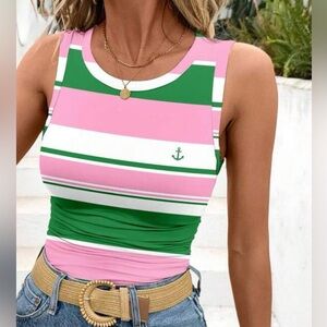 Athletic Pink green striped ruched stretch top t shirt tank anchor pickleball S